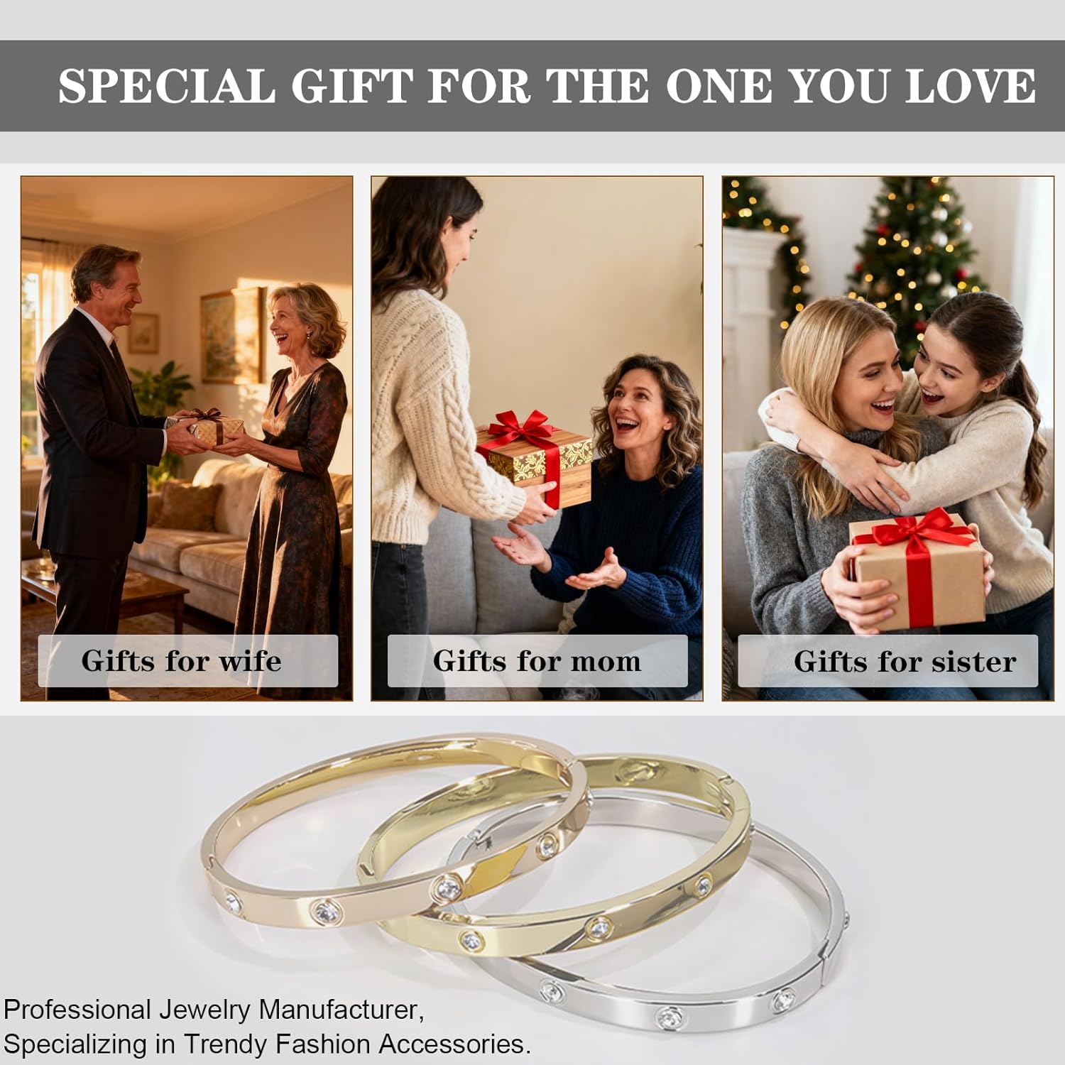 3PCS Gold/Silver/Rose Gold Love Bangle Bracelet Set for Women, Palace Multi-style Light Luxury, Zinc Alloy with Cubic Zirconia, Stackable, Ideal Gift for Birthday Christmas Valentine's Day Mother's Day - Image 6