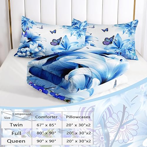 Miniatura 2 de AILONEN Juego de edredón de mariposas voladoras, tamaño individual, juego de ropa de cama con estampado floral de lirios azules y mariposas para