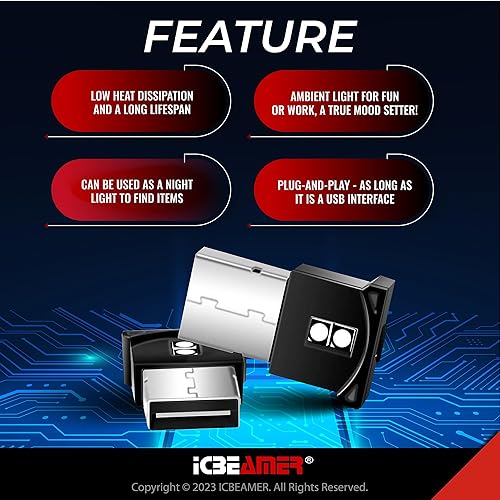 Miniatura 6 de ICBEAMER - USB inteligente de 5 V de 2da generación, interfaz de color rojo, luz nocturna en miniatura, luz LED para el interior del coche,