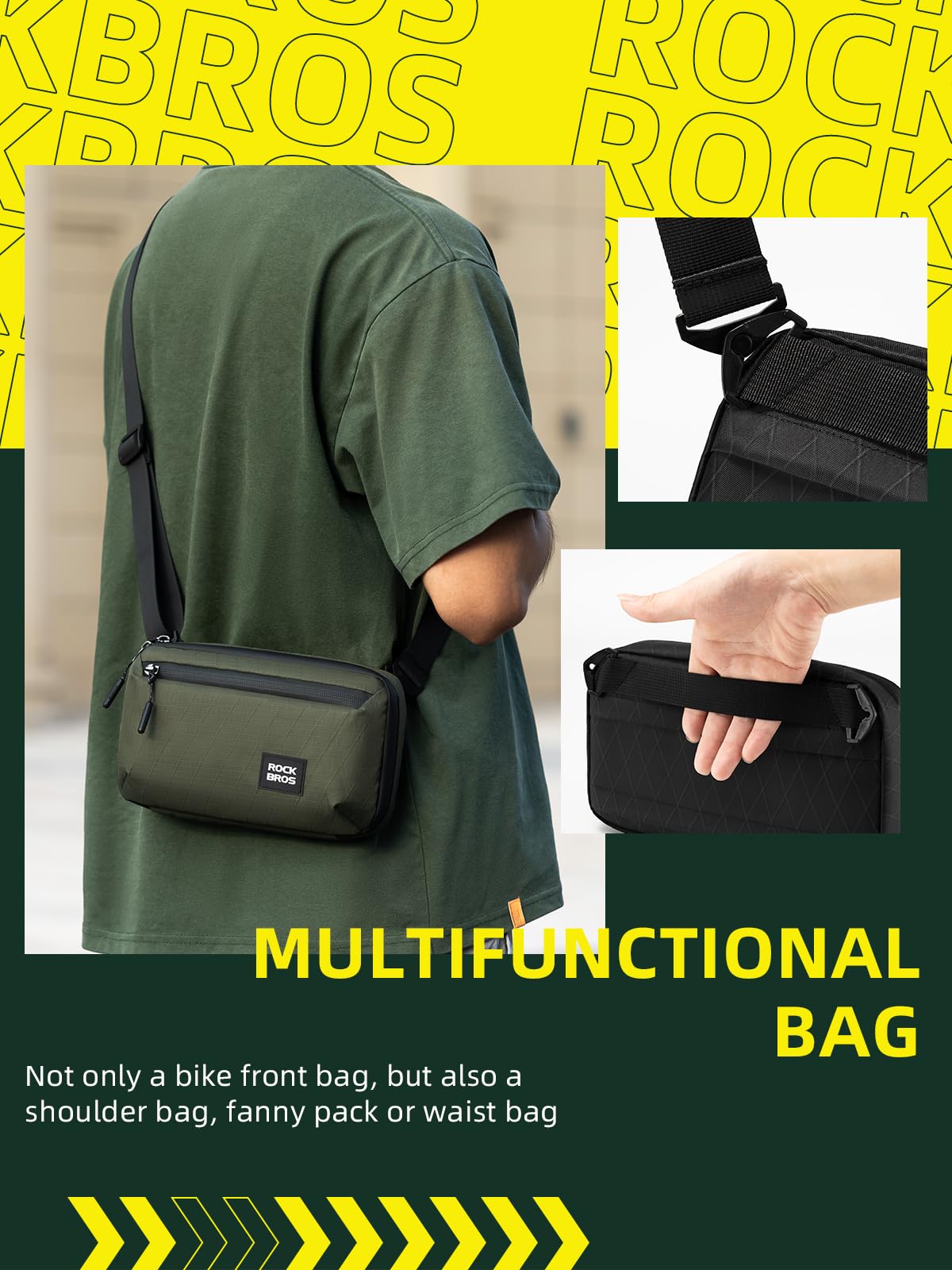 ROCKBROS Sac de guidon de vélo, grande capacité de 2,1 L, sac avant de vélo, sac de guidon à libération rapide, sac banane multifonction pour vélo, scooter, sac banane