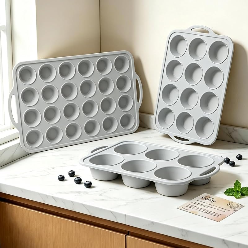 Silicone Muffin Pan Set for Baking: 6 12 24 Cupcake Tin for Various Recipes | 3 Pcs All-in-One Silicone Cupcake Pan Jumbo Regular Mini Sizes for Oven - Muffin Trays Reinforced Frame for Home Bakers Vnray