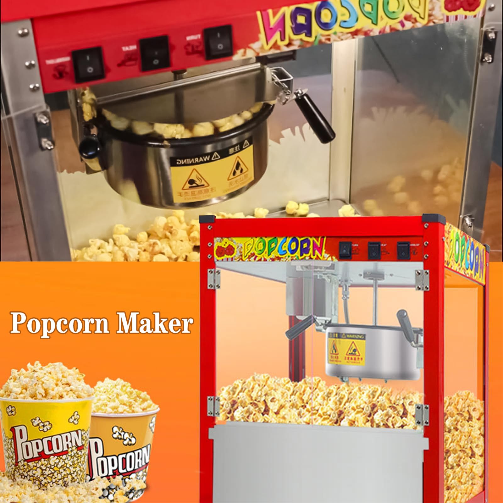 Máquina Comercial de Palomitas de Maíz con Caldero de 10 Oz y Luz de Calentamiento, 1400W, para Hogar, Cine y Negocios, Estilo Cine con Control de 3 Interruptores Flat-top