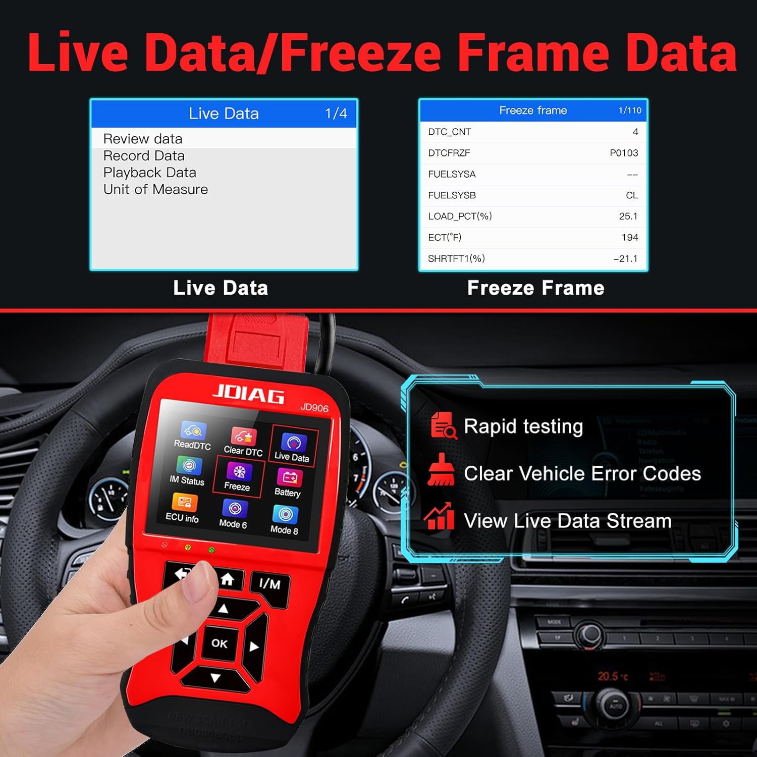 JD906 OBD2 Scanner displaying Live Data and Freeze Frame Data screens