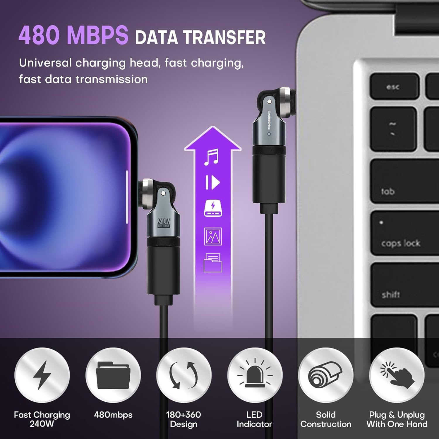 USB Adapter Type C to C 2 Pack 180° & 360° Rotation PD 240W USB2.0 480Mbps Phone OTG Port Fast Charge Extender with LED Indicator (Black) - Image 6