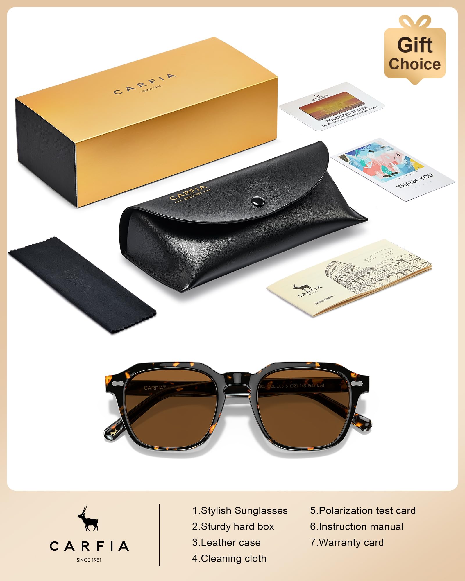 CARFIA Rechteckige Polarisierte Sonnenbrille Herren mit UV400-Schutz | Retro Acetatrahmen,Outdoor Autofahren und Angeln，Vintage Design, Blendschutz,Langlebigkeit, Schweißschutz