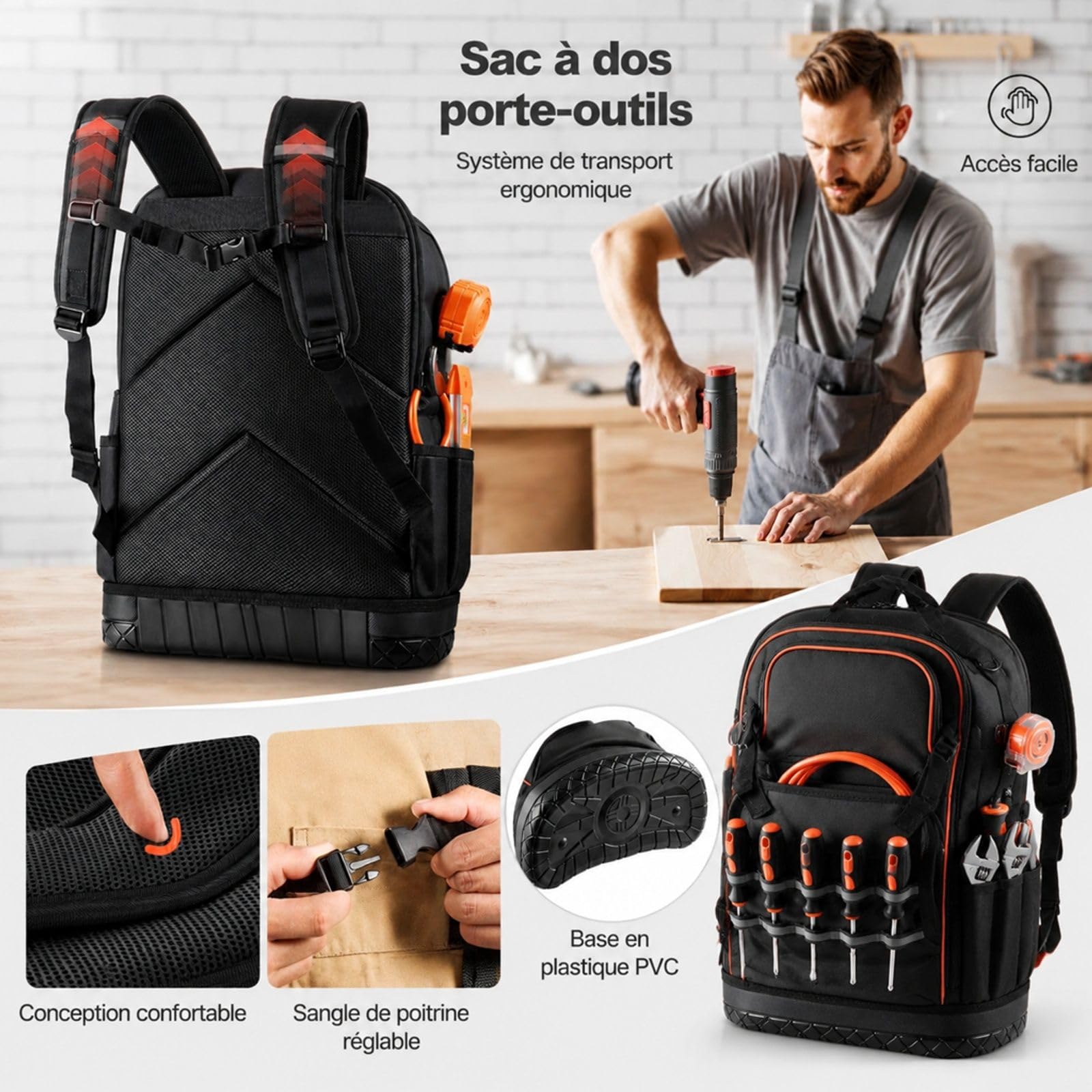 Sac à dos à outils avec 65 poches pour chantier et électricien