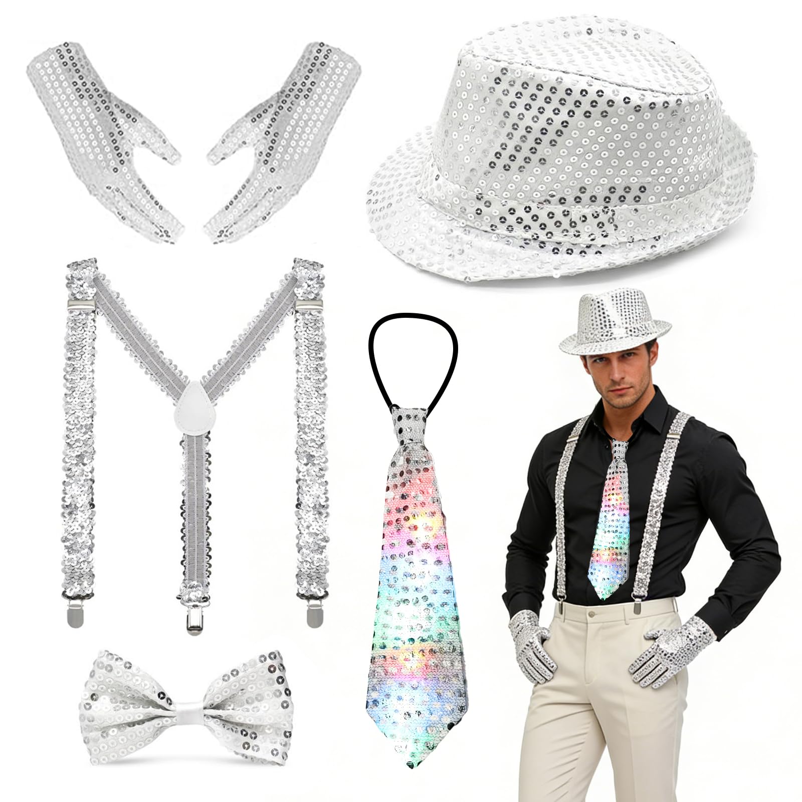 Xerteam Glitzer Outfit Herren, Pailletten Kostüme Herren mit Glitzer Hut Fliege Krawatte Y-Back Hosenträger Silber Gläser, Disco Kostüm Accessoires für Fasching Disco Retro-Party