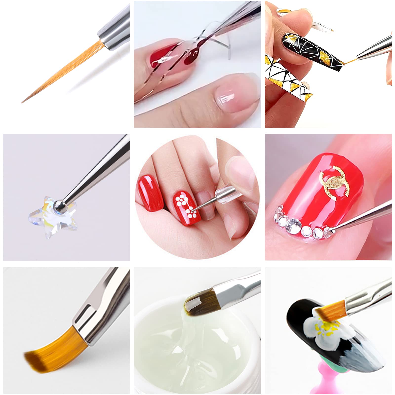 Sularpek Pennelli Unghie Gel, 8 Pezzi Penelli Unghie Professionali Set, Penne per Nail Art Attrezzi a Doppia Punta, con Manico con Strass e Setole in Nylon