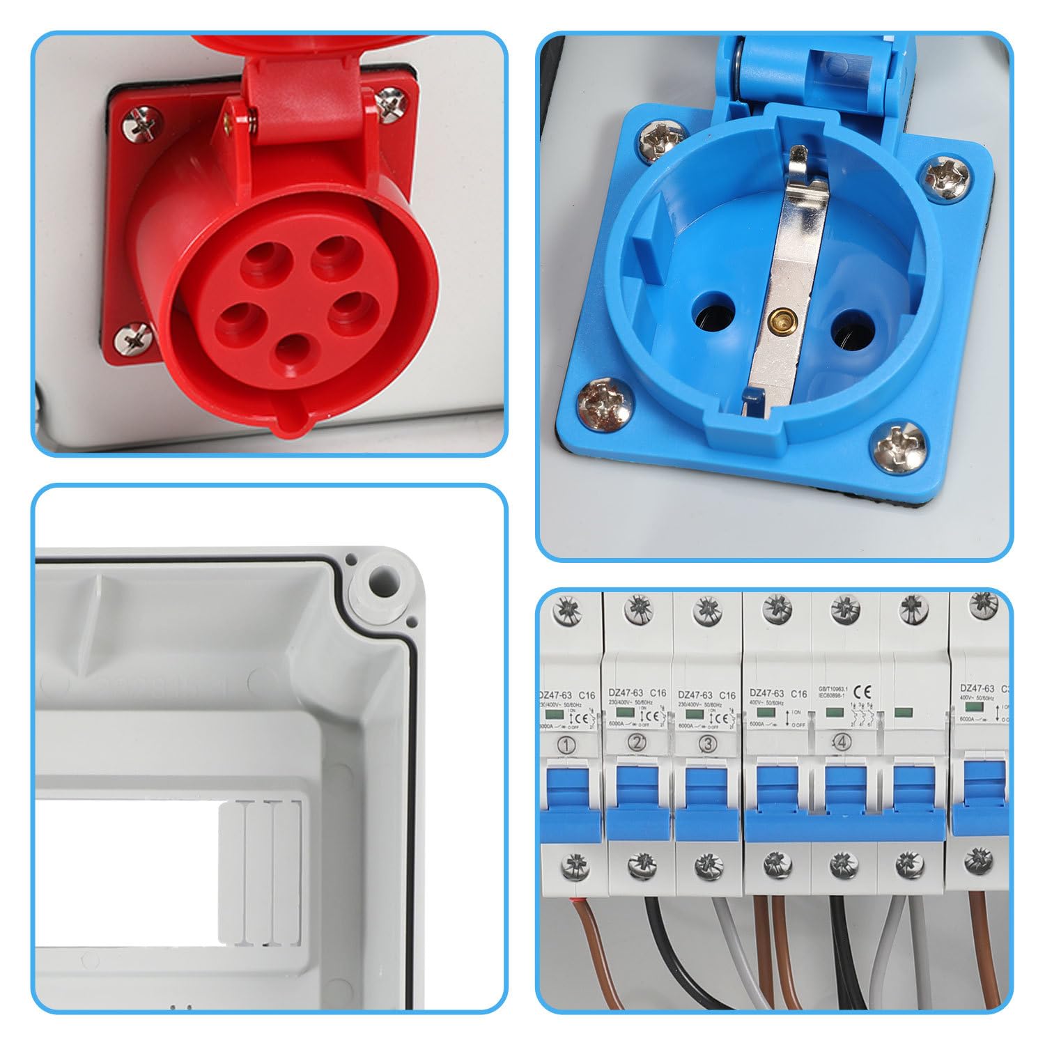 Rozdzielacz prądu budowlanego, 1 x CEE 32 A 400 V + 1 x CEE 16 A 400 V + 3 x 230 V Schuko, 5-biegunowy rozdzielacz ścienny z przełącznikami LS, rozdzielacz prądu IP44 z klapkami zabezpieczającymi