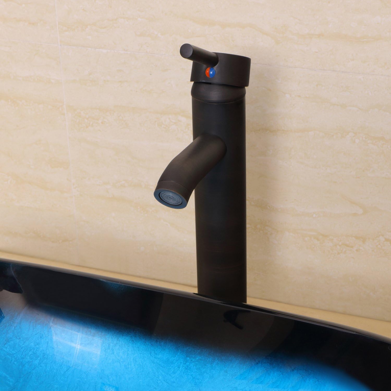 wonline Bathroom Oval Tempered Glass Vessel Sink with Oil Rubbed Bronze Faucet and Drain Combo Black and Blue Boat