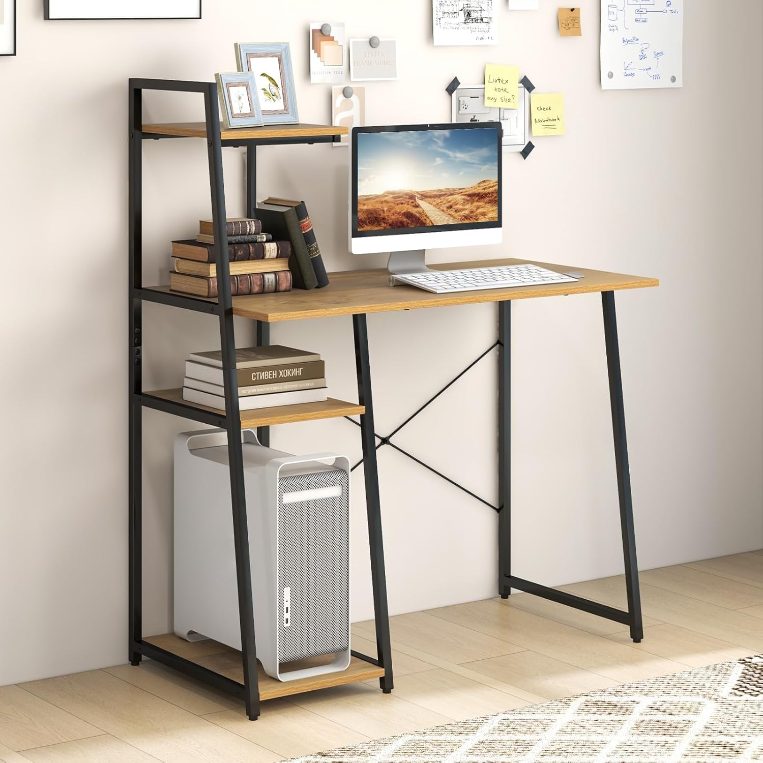 COSTWAY Computer Desk with 4-Tier Storage Shelves, Home Office Desk Writing Table with Sturdy X-Shape Frame, Adjustable Foot Pads, Modern Small Study Desk, Wide Tabletop (Natural and Black)