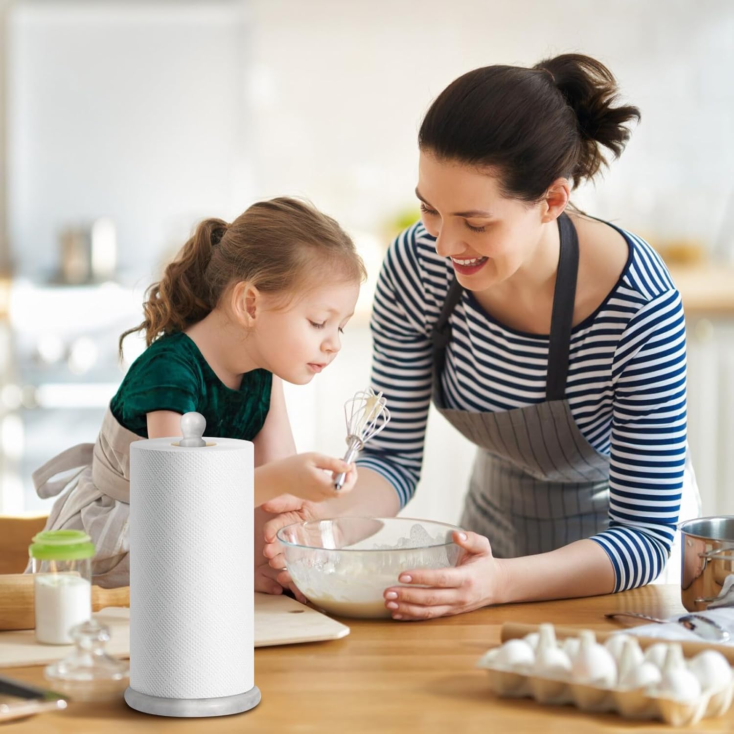 Natural Marble Paper Towel Holder for Kitchen Countertop - 2.6 lbs (1.2kg) Heavy Duty Weighted Base for One-Handed Tearing - Fits Jumbo Rolls - Elegant Modern Design with Ball Top - White & Grey