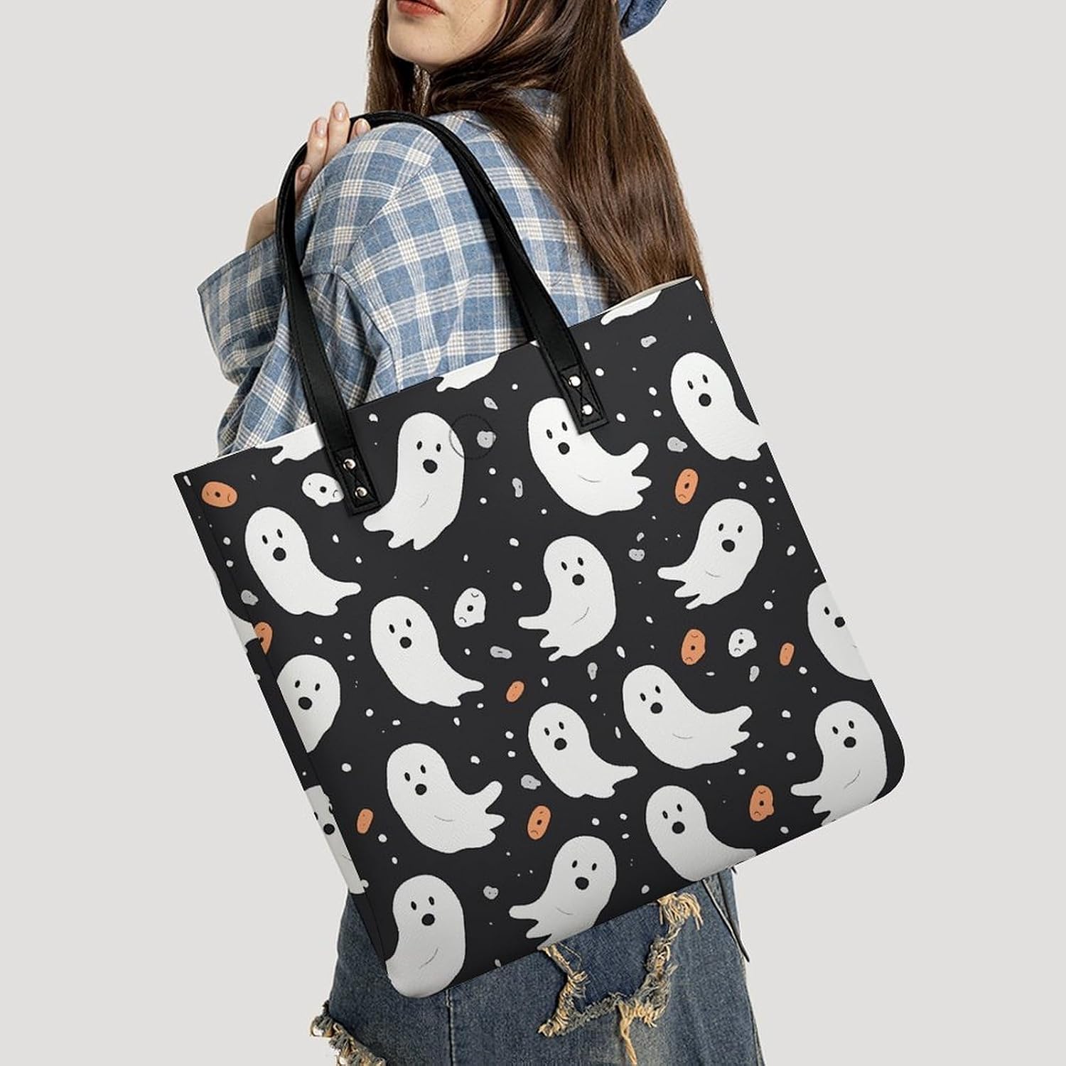 Cute Ghost Halloween Pattern Handbags Large Capacity, Tote Bag Stylish Slouchy, Shoulder Bags for Work Beach Travel And Shopping Grocery.