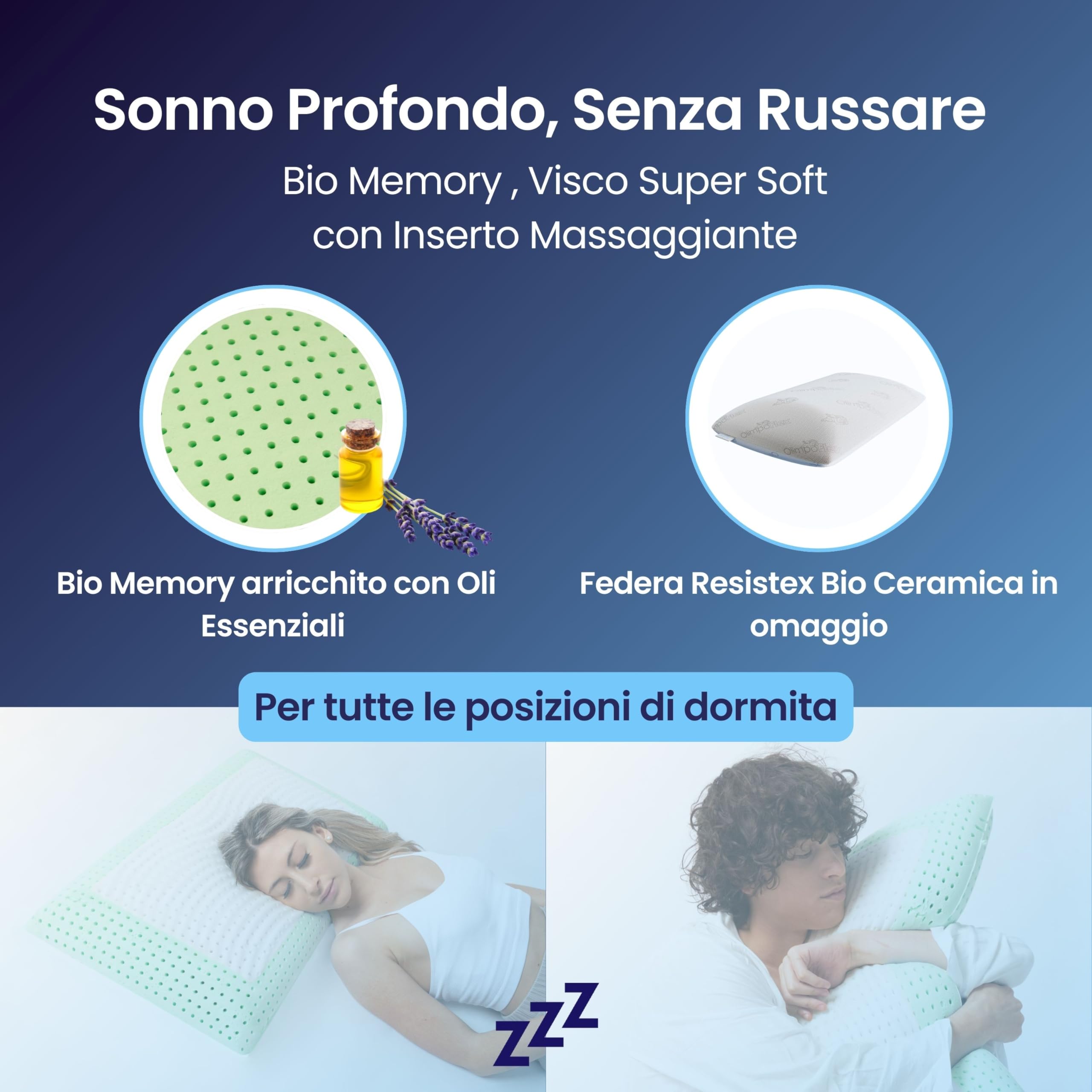 OlimpoFLEX Apollo | Cuscino in Bio Memory Foam e Oli Essenziali Ortopedico Effetto Antirussamento da Letto 72x42cm Guanciale Ergonomico con Federe in Omaggio – Made in Italy 100%
