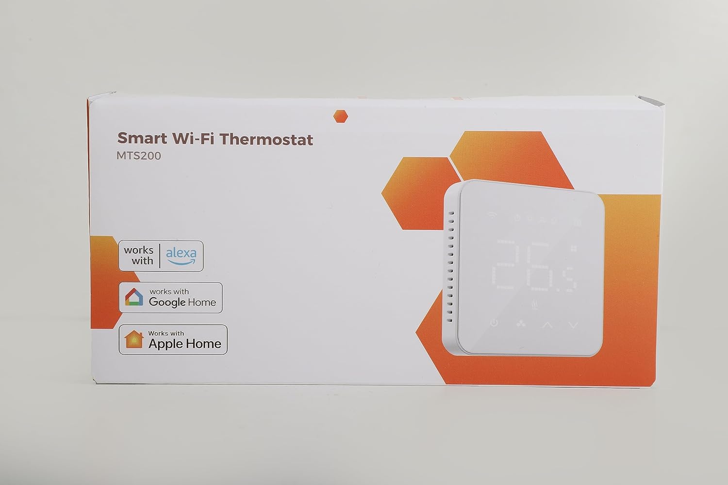 Apple HomePod, HomePod Mini, and Apple TV devices with a smartphone displaying the Refoss thermostat app, illustrating HomeKit remote control with a Home Hub. Includes a QR code linking to Apple support.