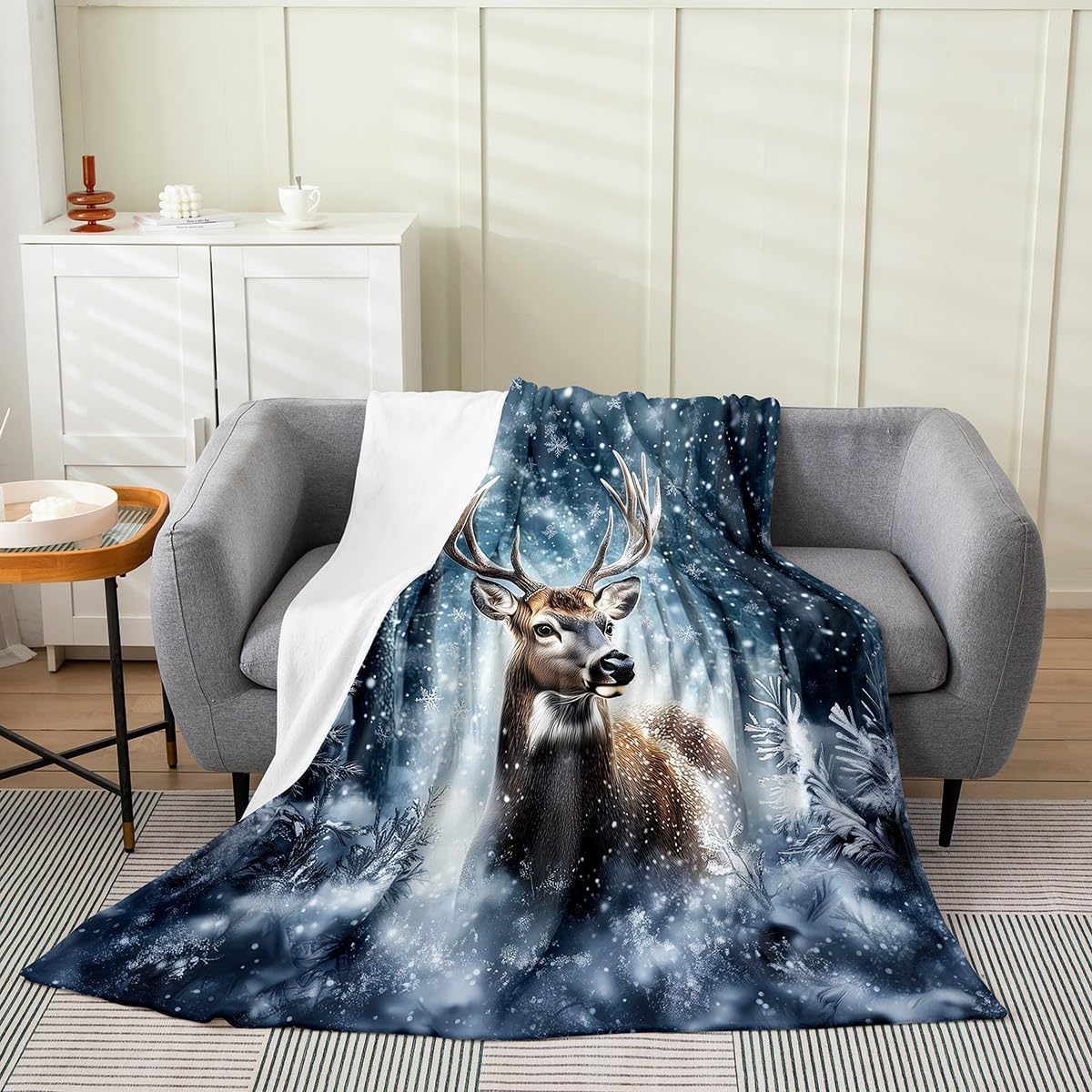Erosebridal 3D Deer Blanket Queen 90x90, Safari Wild Animal Throw Blanket For Kids Girls Boys, Elk Snowflakes Hunting Microfiber Fleece Blanket For Sofa Bed Couch, Woodland Wildlife Cozy Fuzzy Blanket