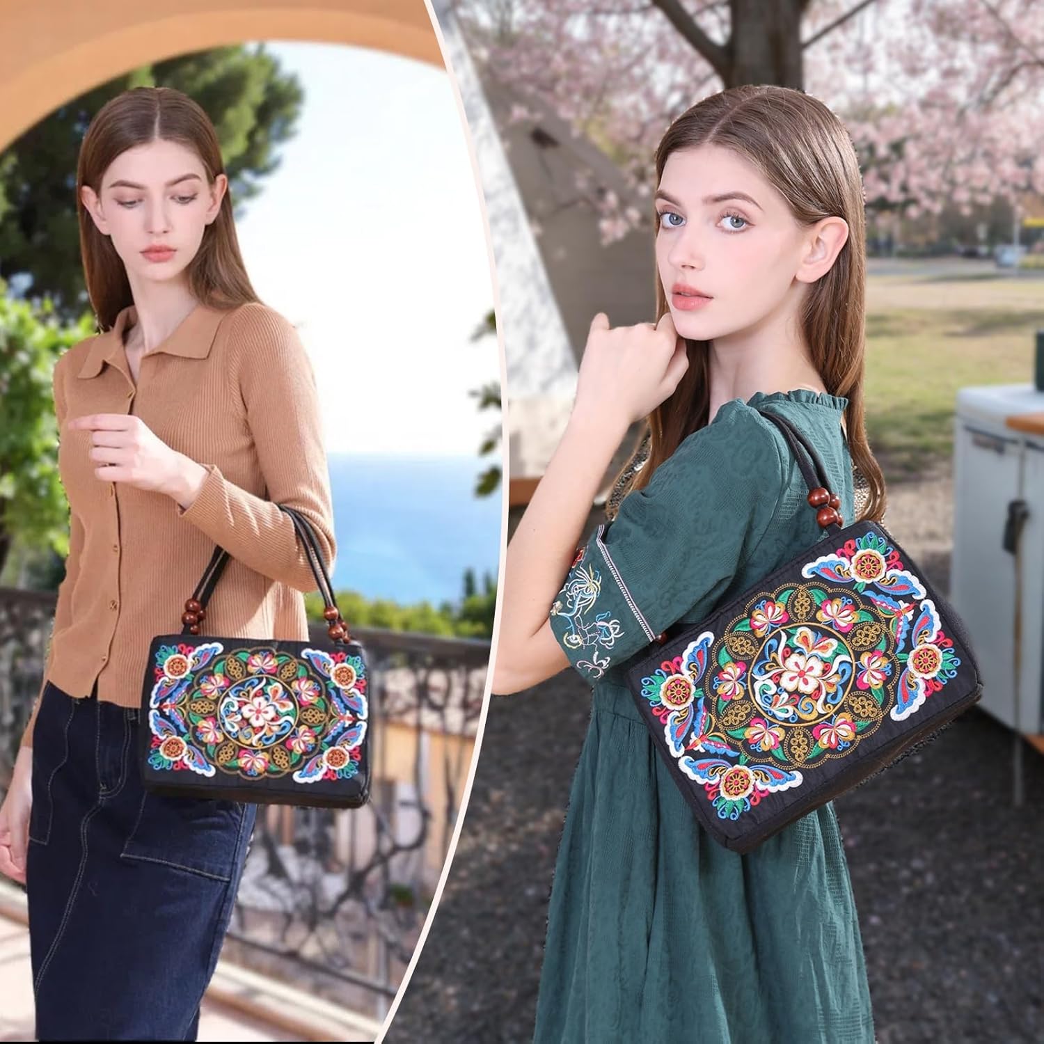 Double-Sided Embroidery Totes Bag Travel Beach Bag Vintage Embroidery Ethnic Shoulder Bags - Image 7