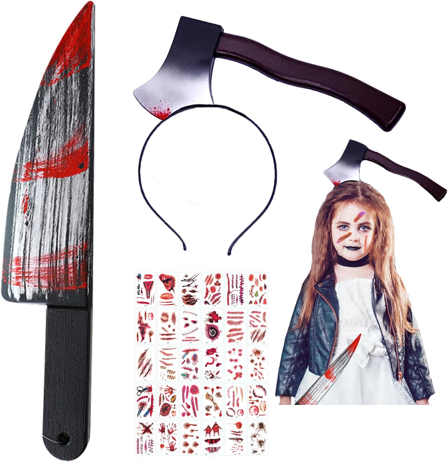 Halloween Costumes Fake Knife with Blood, Purge Weapon Prop and Axe with Blood Headband, Add 30PCS Stickers