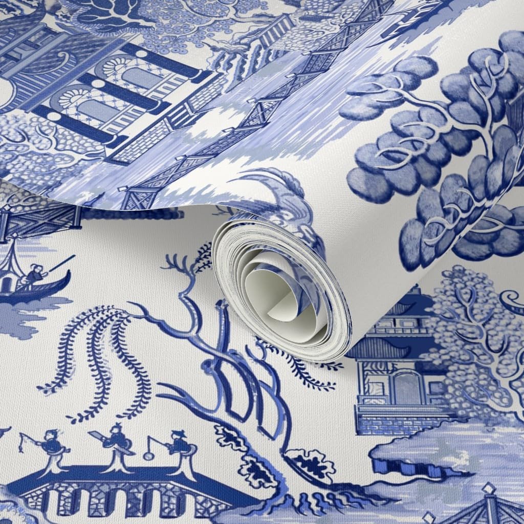 Spoonflower Peel & Stick Wallpaper Swatch - Pagoda Chinoiserie Blue Toile Chinese Botanical Garden Willow Cottagecore Grandmillennial Custom Removable Wallpaper