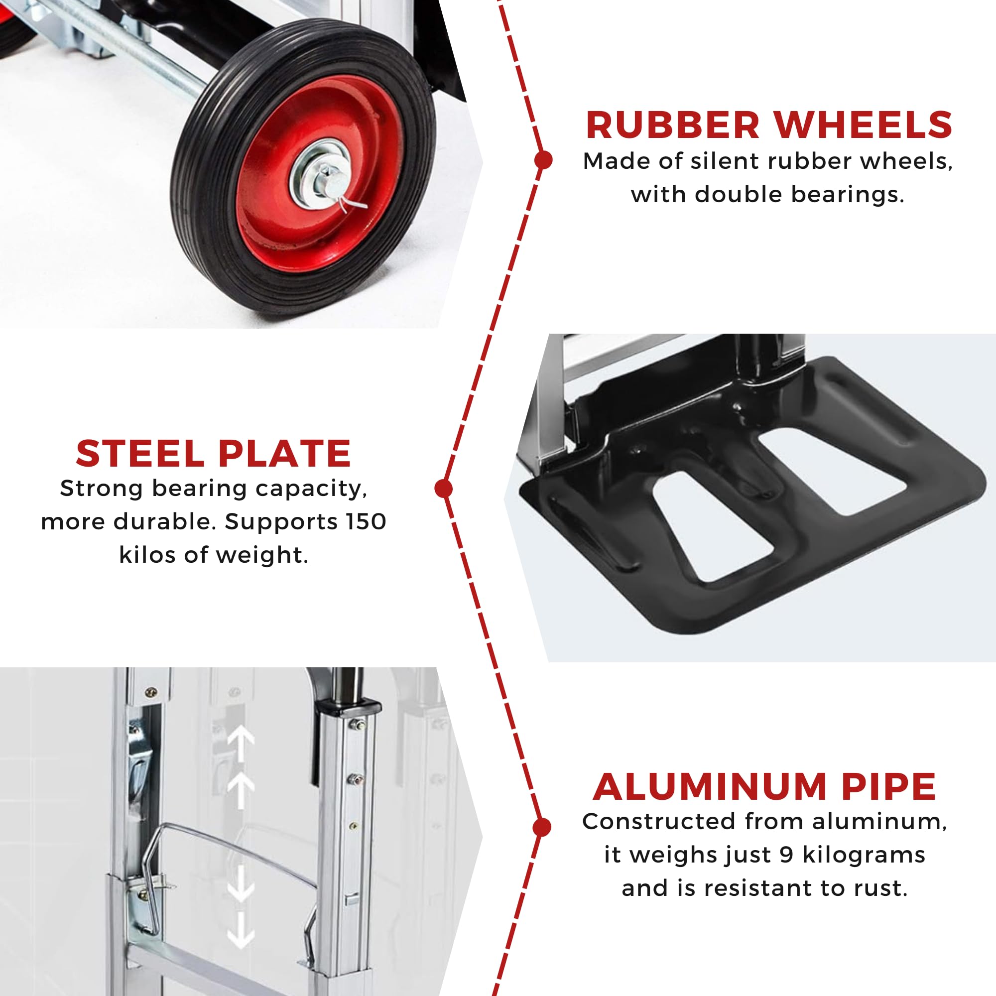 Carretilla de Mano de Aluminio 2 en 1, Carrito Plegable con 4 Ruedas, Convertible en Plataforma o Carro de Mano, Capacidad de 150 kg, Carro para Transporte en Almacen, Jardín, Hogar, Mudanzas