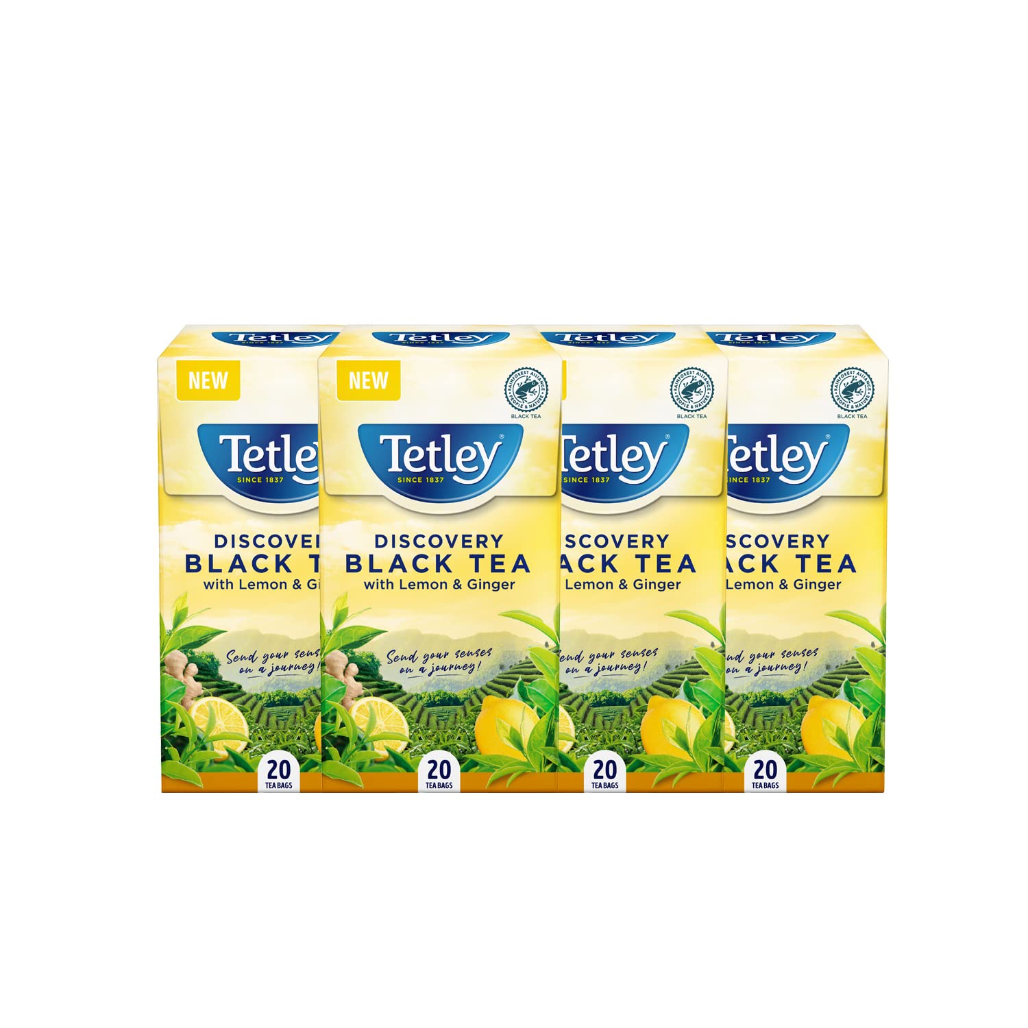 Tetley Discovery Range Kenyan Black Tea with Lemon & Ginger - Flavoured Black Tea with a Warming Twist - Rainforest Alliance Certified - Comforting & Uplifting Brew - 80 Tea Bags (4x20 Pack)Rainforest AllianceRainforest AllianceRainforest AllianceRainforest Alliance