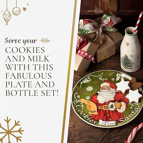 Miniatura 5 de Spode Juego de platos y botellas de árbol de Navidad (2 piezas) – Galletas de porcelana de 8.5 pulgadas para plato de Papá Noel y jarra temática