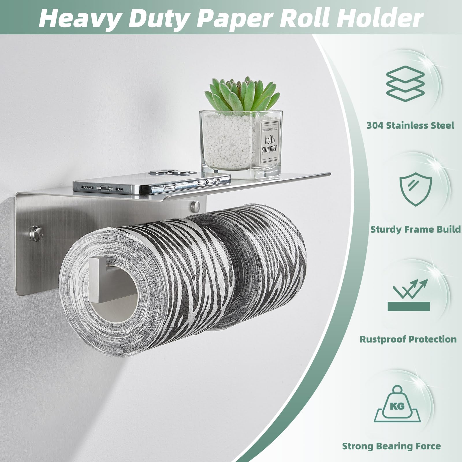 APLusee Soporte Doble para Papel higiénico con Estante, Soporte de Papel higiénico de Acero Inoxidable 304 de níquel Cepillado, dispensador de Rollos de Papel Comercial montado en la Pared
