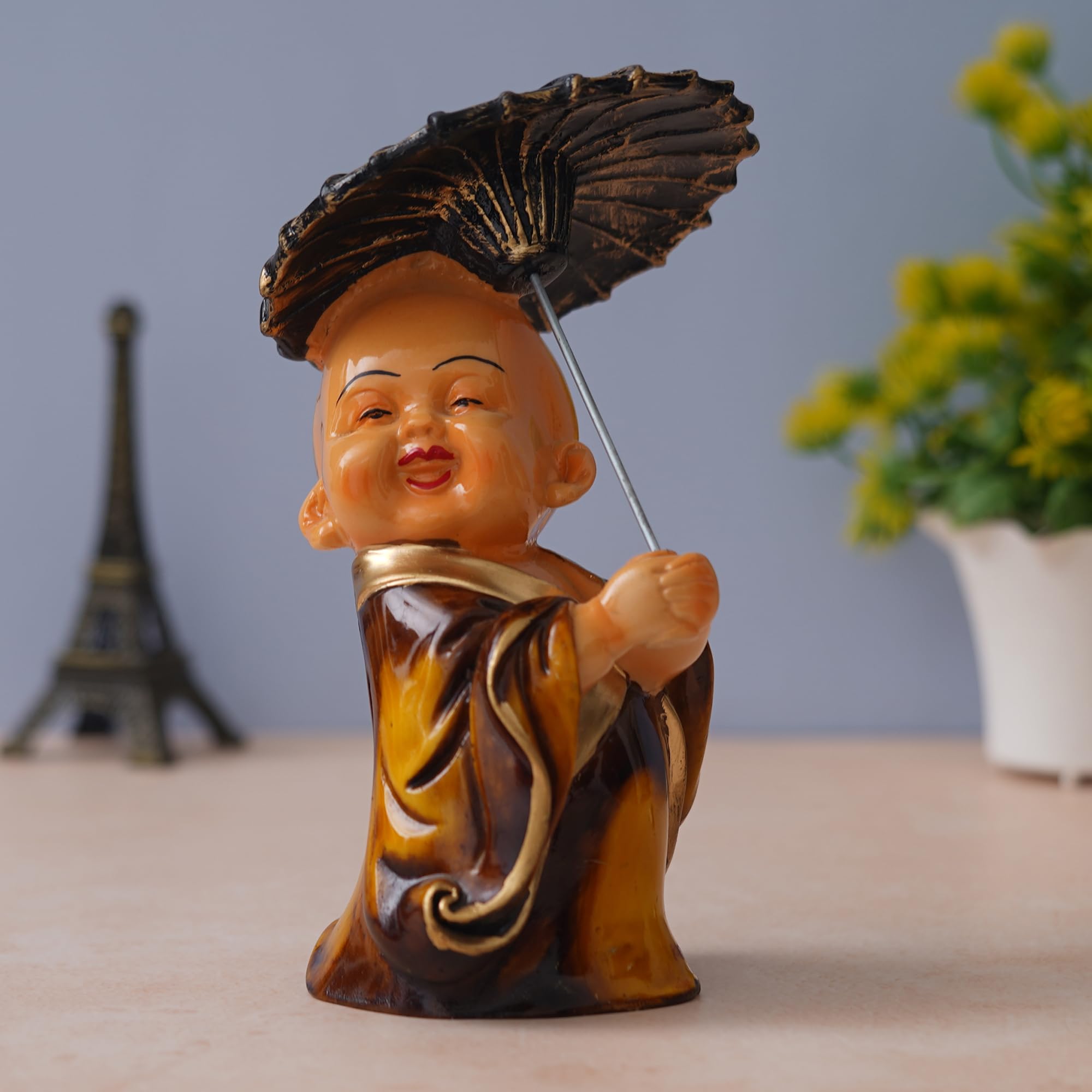 Little Baby Cheerish Mood Laughing Buddha with Umbrella Child Monk Statue Showpiece - 20.32 cm (1 Polyresin) Child Monk for Home/Office Décor Small Baby Buddha