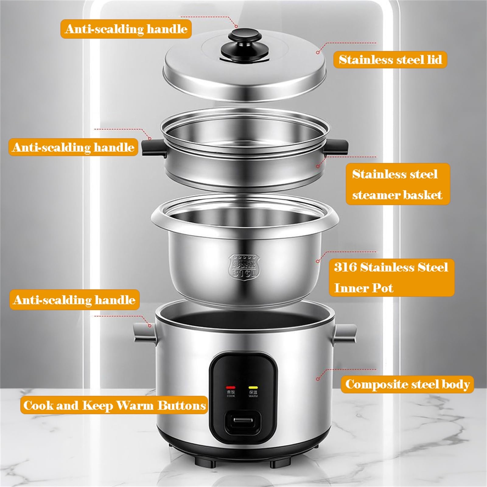 Cuociriso Elettrico In Acciaio Inox Con Vaporiera, Ciotola Interna Antiaderente, Funzioni Di Cottura/caldo, Misurino Incluso(2L)