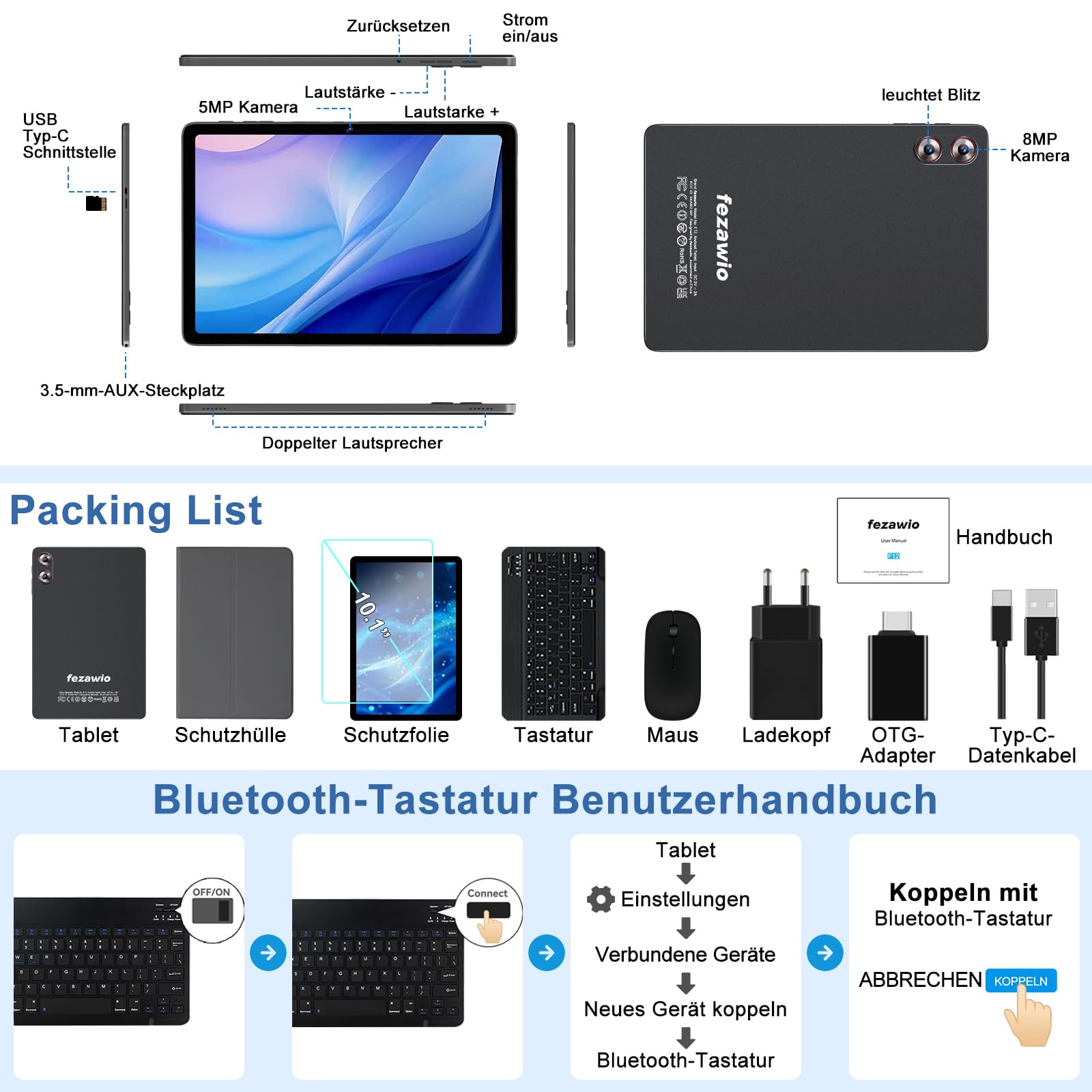 fezawio 10,1 Zoll Android 15 Gaming Tablet Gemini AI 30GB RAM +128GB ROM, Octa-Core 8000mAh, WiFi6, Widevine L1, GMS, 3.5mm Audio, GPS, Face ID mit Tastatur, Maus und Schutzhülle, Grau
