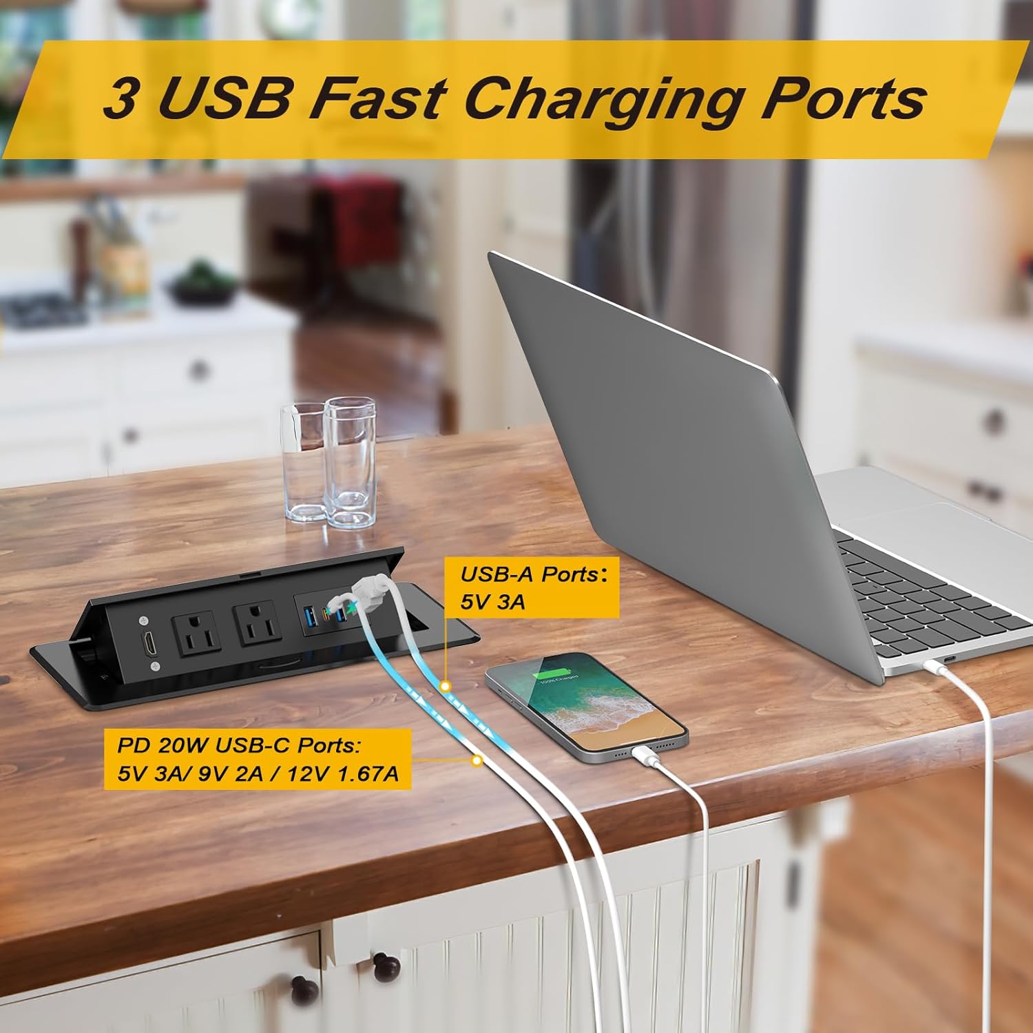 Recessed Power Strip, HDMI Pop Up Power Cover Box Desktop Socket with PD 20W USB C Charging Ports, Stainless Steel Receptacle Outlet for Conference Room Countertop (Black)