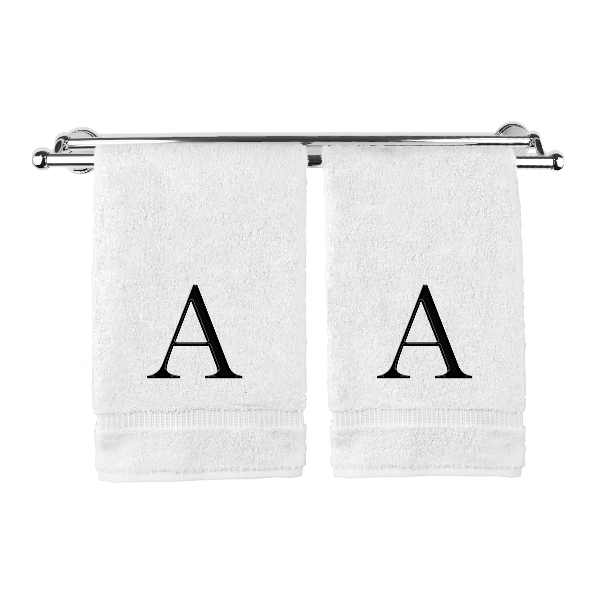 Toalla de mano monogramada, regalo personalizado, juego de 2 toallas bordadas con letras de bloque negro, extra absorbente, 100% algodón turco, acabado de rizo suave, inicial A blanco