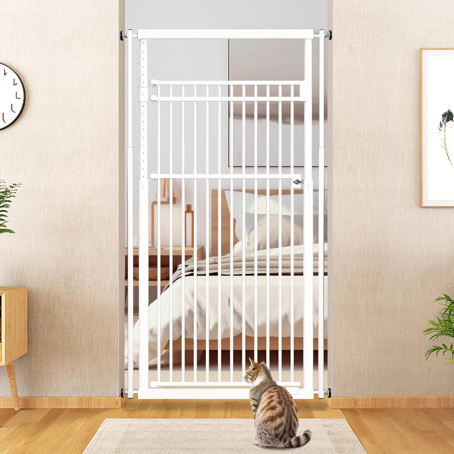 78.8" Extra Tall Cat Gate, 28.3-33" Wide Safety Metal Cat Door, Pressure Mounted Easy Walk Through Pet Gate with Door for Stairs, Doorways (White)