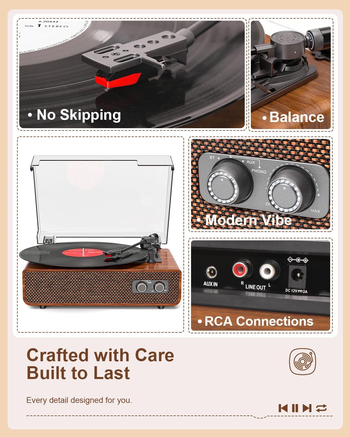 Vinyl Record Player Bluetooth with Upgraded Speakers, Sound Cavity & Balanced Counterweight, Vintage 3-Speed Belt-Drive Turntable LP Player with RCA Output, Mid-Century Design