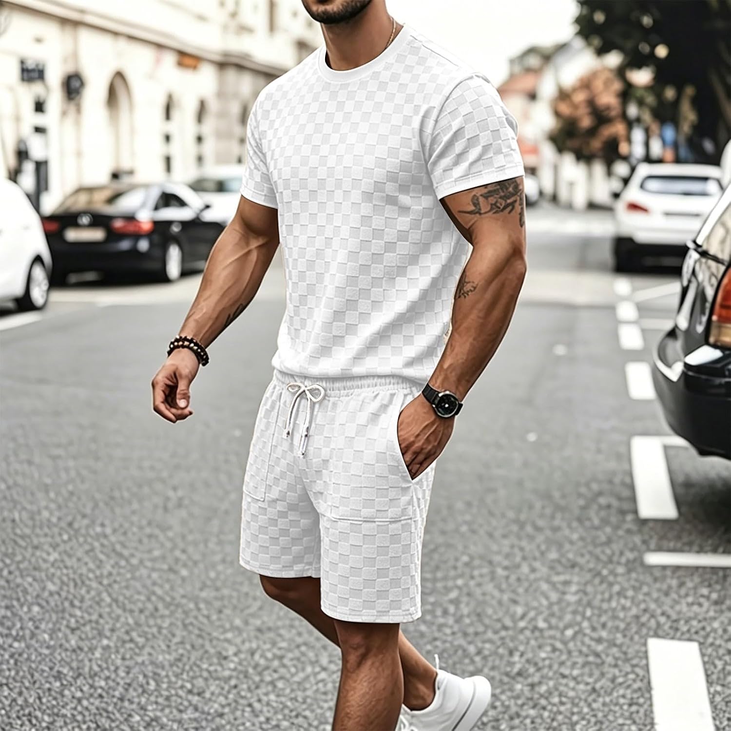 Cambkatl Men's Checkerboard Textured Shorts with Crewneck Short Sleeve T-Shirt Summer Business Casual Outfits with Pockets