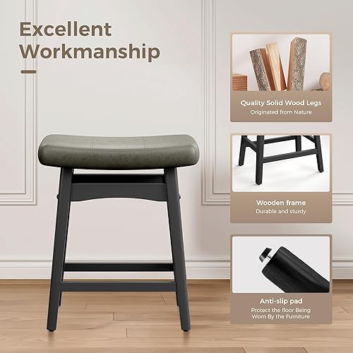 Miniatura 5 de MAISON ARTS Juego de 4 taburetes de bar grises para encimera de cocina, patas de madera maciza con asiento de silla de montar de piel sintética,
