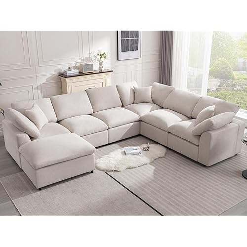 Siiejia Modular Sectional Sofa Modern Oversized Cloud Couch with Movable Ottoman 7 Seater L-Shaped Sofas Comfy Couches for Living Room Spacious Space Office Lounge, Beige