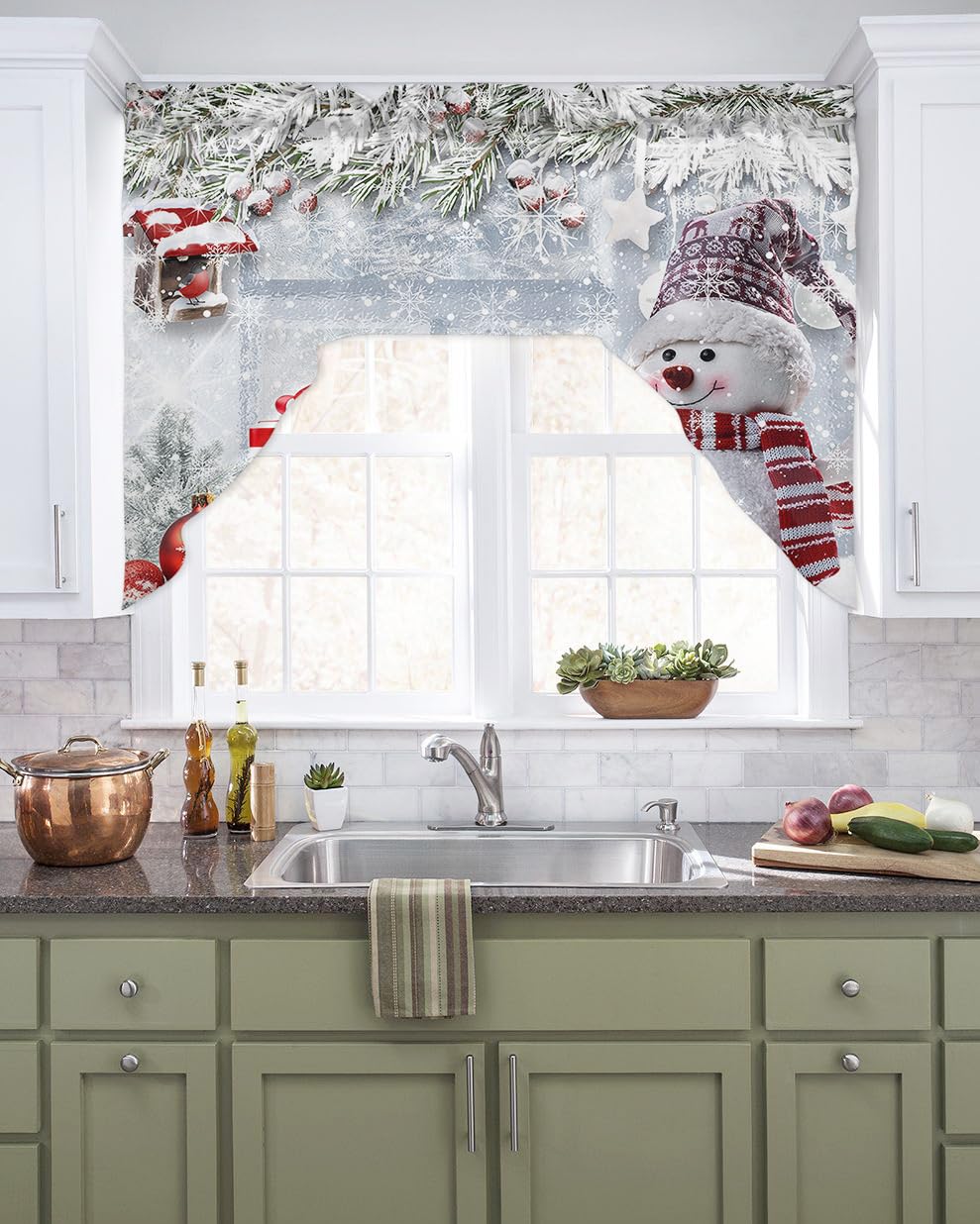 Jolunifun Xmas Snowman, Swag Valance Kitchen Curtains, Rod Pocket Valance Curtain Panels for Bedroom Living Room Bathroom Cafe Windows, Christmas Snowy Tree Branch 56''x36''