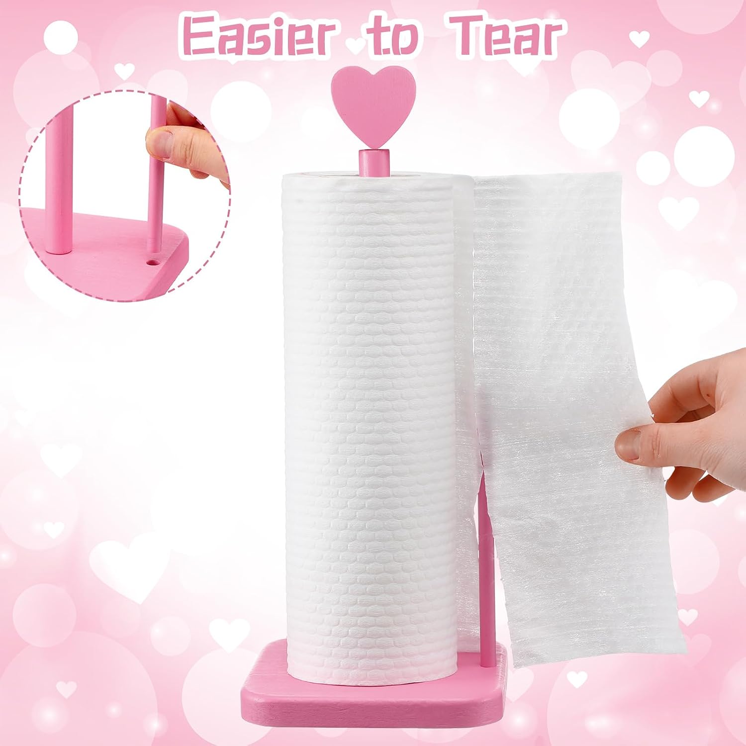 Leinuosen Valentines Day Pink Heart Paper Towel Holder Cute Heart Wooden Paper Towel Holder Pink Bathroom Countertop Accessories Kitchen Roll Stand Organizer Standing Apartment Decor Housewarming Gift image 3