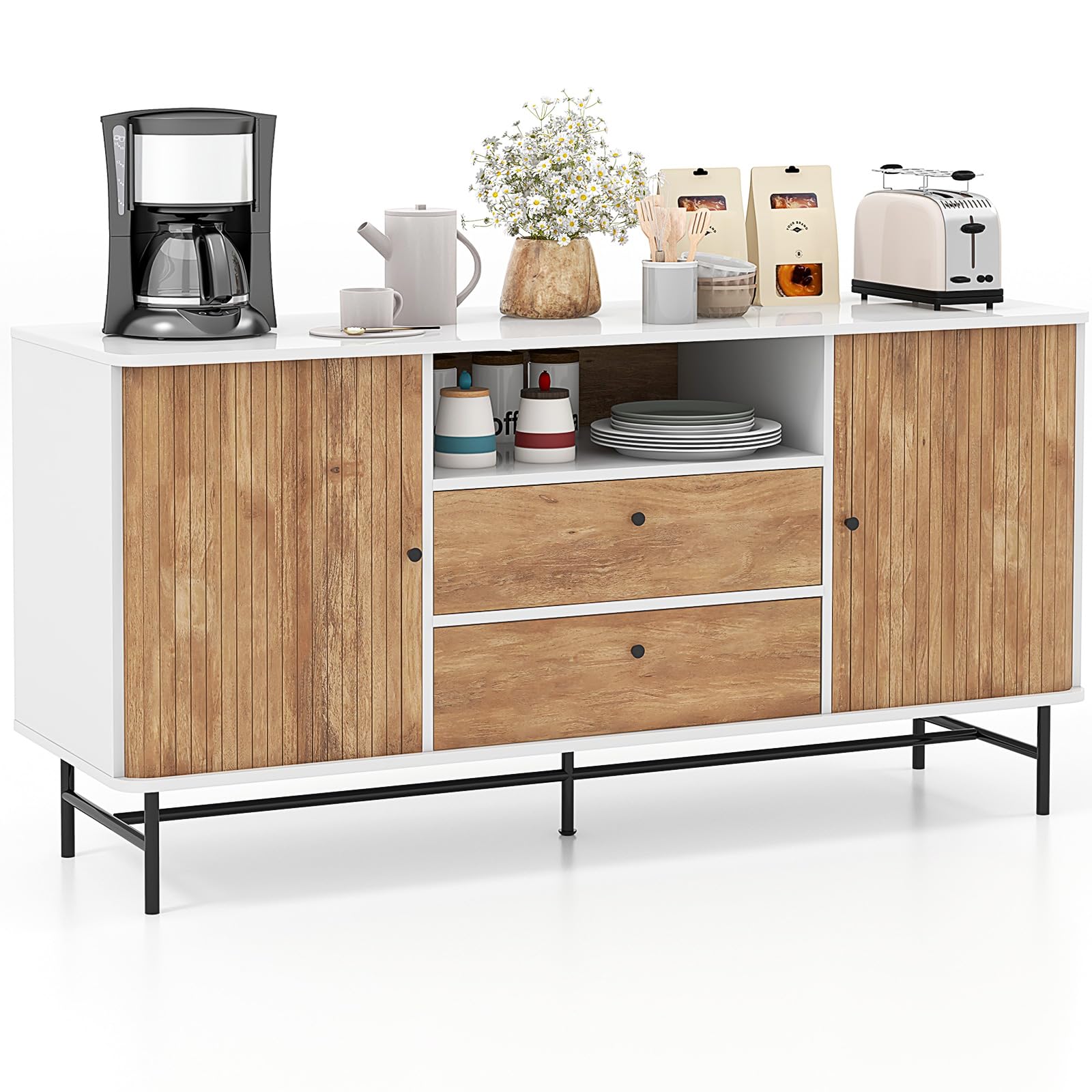 Giantex Buffet Cabinet with Storage, 59" Modern Coffee Bar Sideboard w/Sliding Tambour Doors, 2 Storage Drawers, 2 Side Cabinets, Buffet Table for