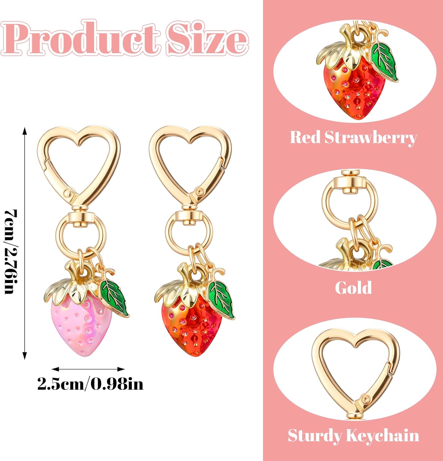 2 Pcs Cute Strawberry Keychain, Bag Key Chain Purse Flower Charm for Women, Adorable Strawberry Purse Keyrings Accessories Strawberries Decor for Handbags, Backpacks, Car Keys, Gift (Red, Pink) - Image 2