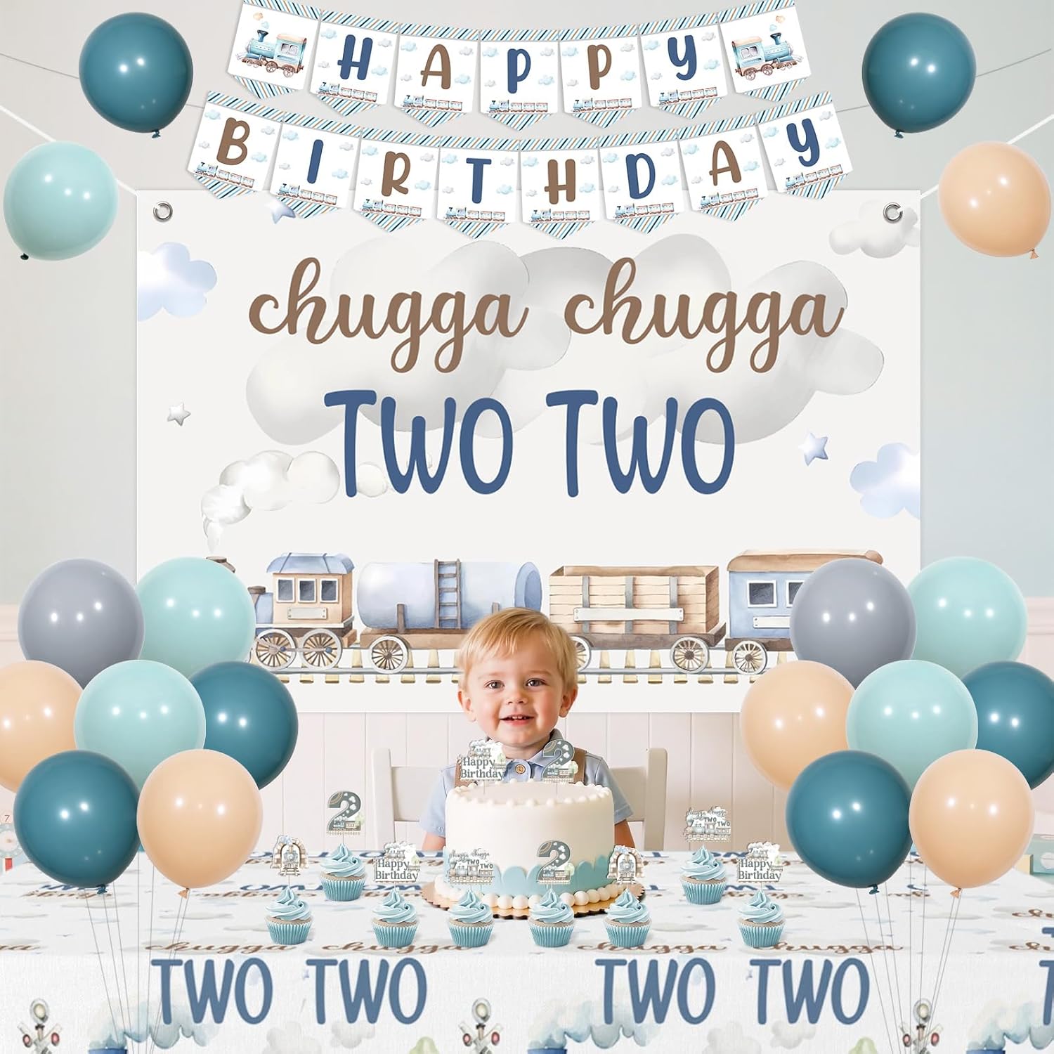 Train 2nd Birthday Decoration Boy, Chugga Chugga Two Two Decorations Backdrop Banner Garland Cake Cupcake Topper Table Cloth Latex Balloon for Retro Train 2nd Birthday Decoration