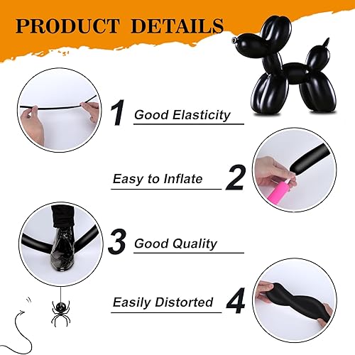 Miniatura 4 de 260 globos negros, globos largos negros, 260 globos giratorios con bomba, 160 globos largos negros para animales de globo, globos largos de payaso