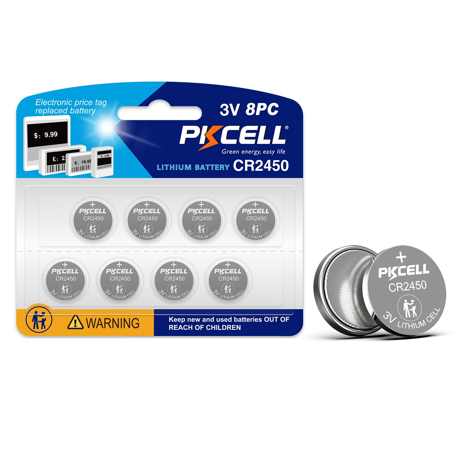 PKCELL CR2450 Lithium Knopfzellen 3V – 8 Stück, 600mAh, Für Autoschlüssel, Fernbedienungen, Uhren