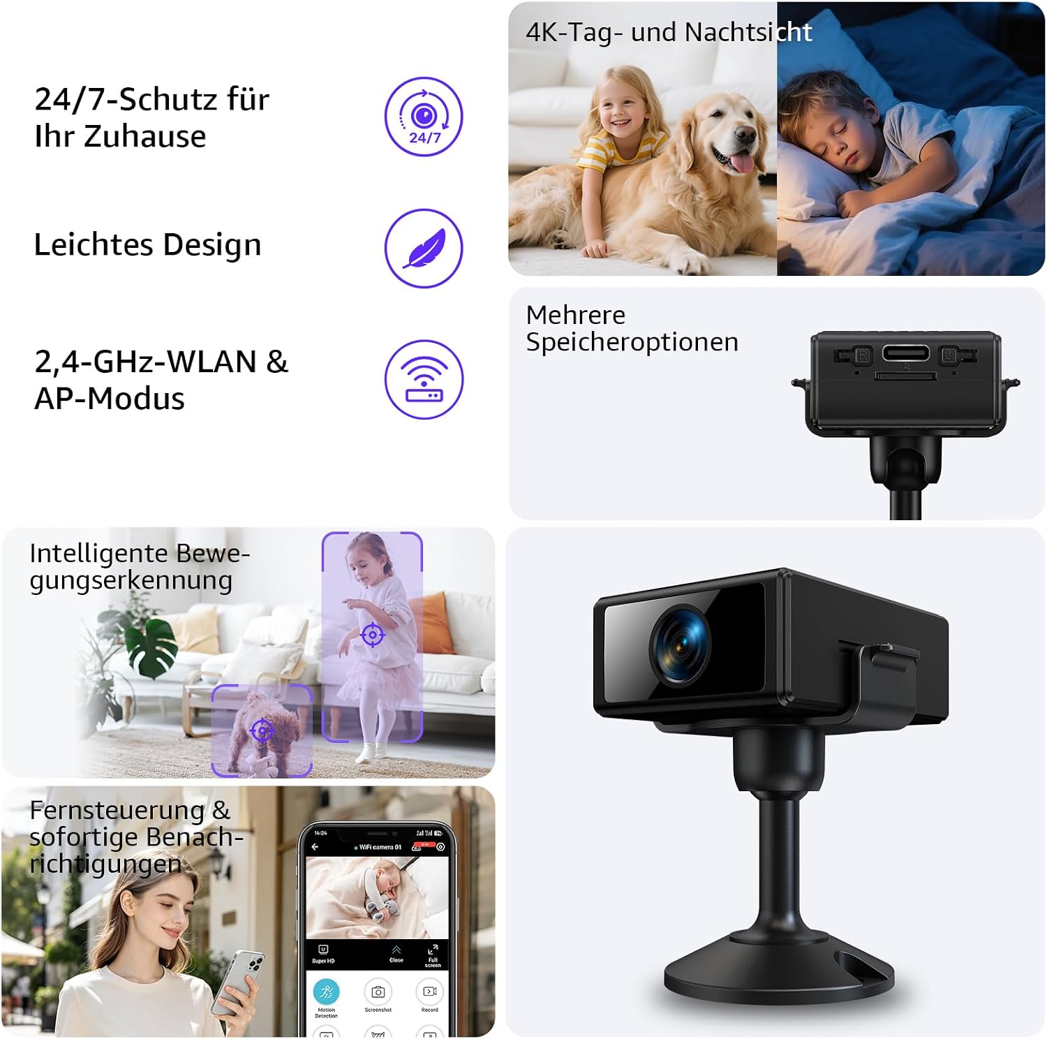 Mini Kamera 4K WLAN Überwachungskamera Innen, WiFi Kamera mit Handy APP, Live-Übertragung, - Analyse des détails et conception