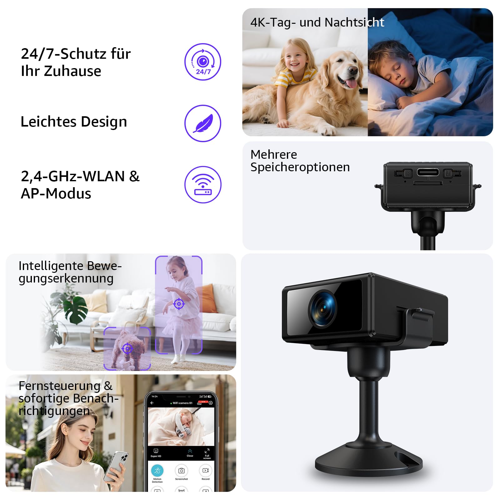 Mini Kamera 4K WLAN, Kleine Kamera für Innenräume mit Nachtsicht, Bewegungserkennung & App-Benachrichtigungen, Live-Ansicht, Cloud- & Micro-SD-Speicher, Überwachungskamera für Zuhause und Büro