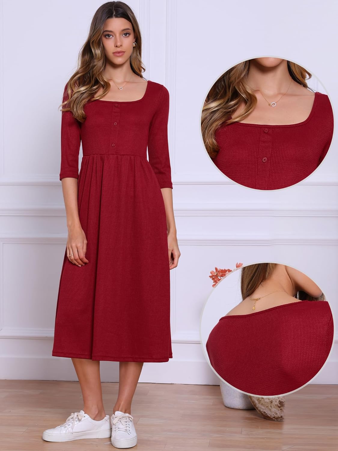 Allegra K Casual Dress for Women 3/4 Sleeve Square Neck Waffle Knitted A Line Fall Winter Maxi Dresses - Image 2