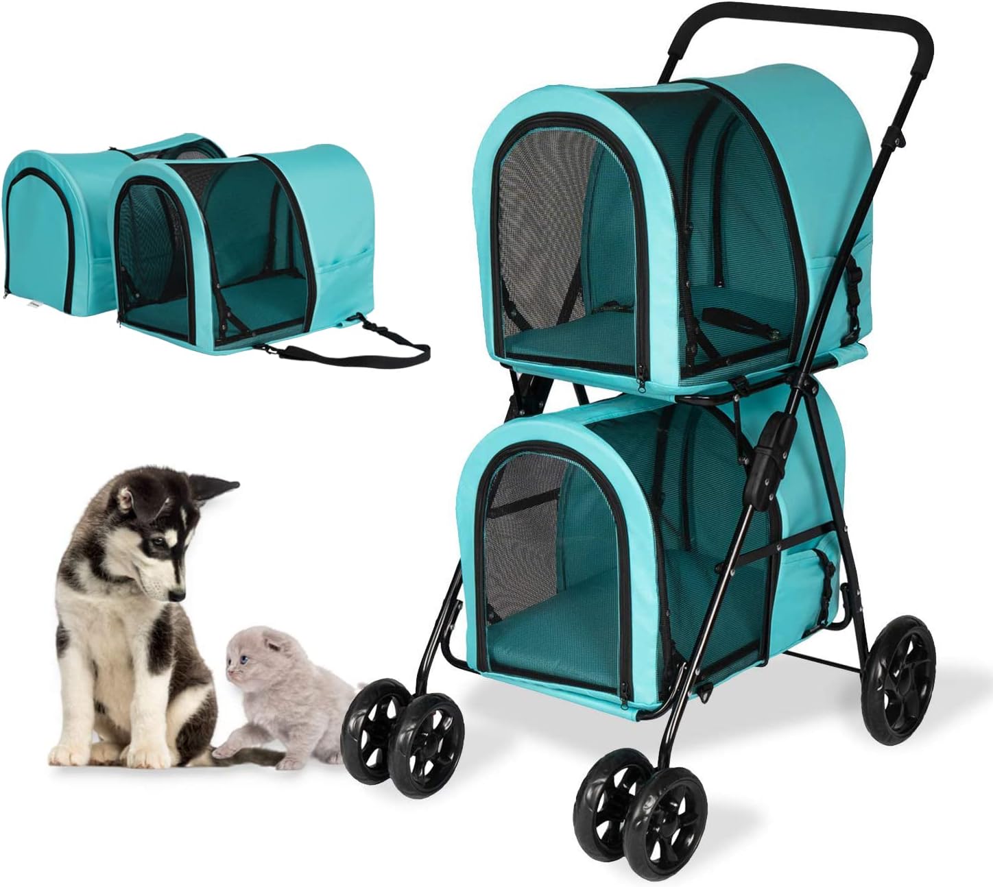 kinbor Double Layer Dog Pet Stroller Foldable 3 in 1 for Dogs Cats (Pet Travel Carrier Bag or Pet Car Seat Carrier or Pet Stroller)