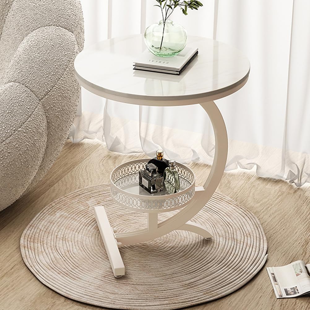 SXZenSpace 2-Tier Storage Shelf C-Shaped End Table for Couch, Round Side Tables TV Tray with Sturdy Metal Frame,Couch That Slide under Living Room,Bedroom,white,A