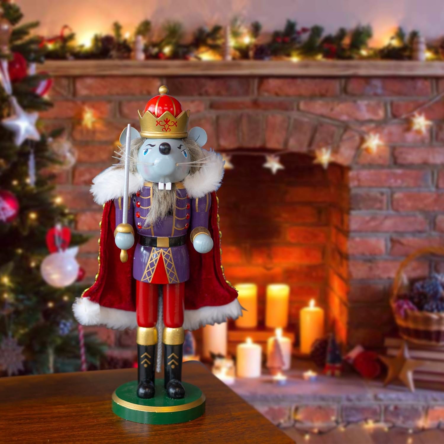 FUNPENY Christmas Decorative Nutcracker, Handmade Wooden Traditional Festive Collectible Nutcracker, Christmas Table Decorations Holiday Present (14 inch Mouse King)